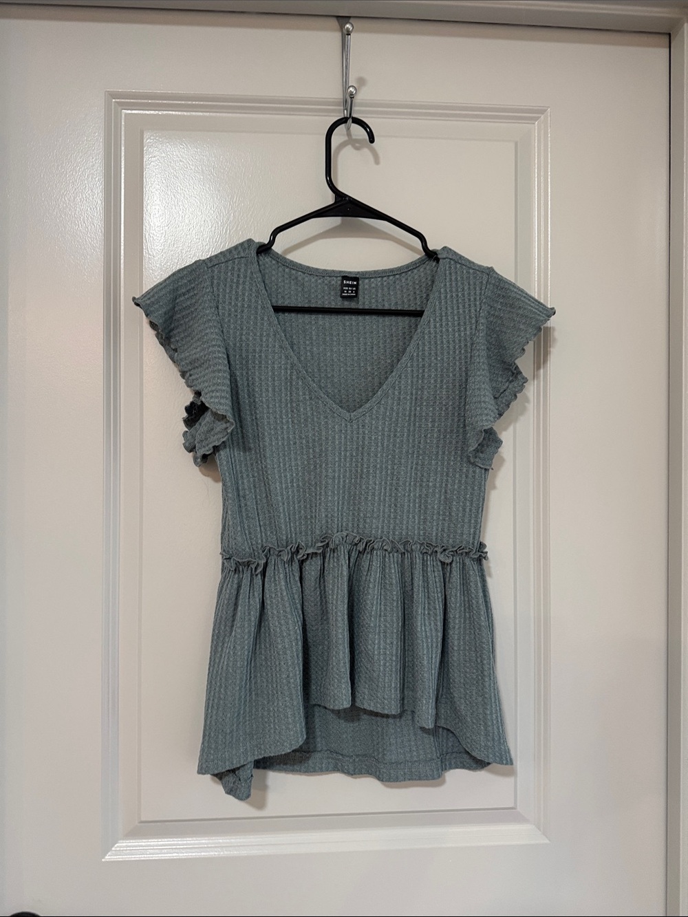 SHEIN Sage Green Ruffle Peplum V-Neck Top